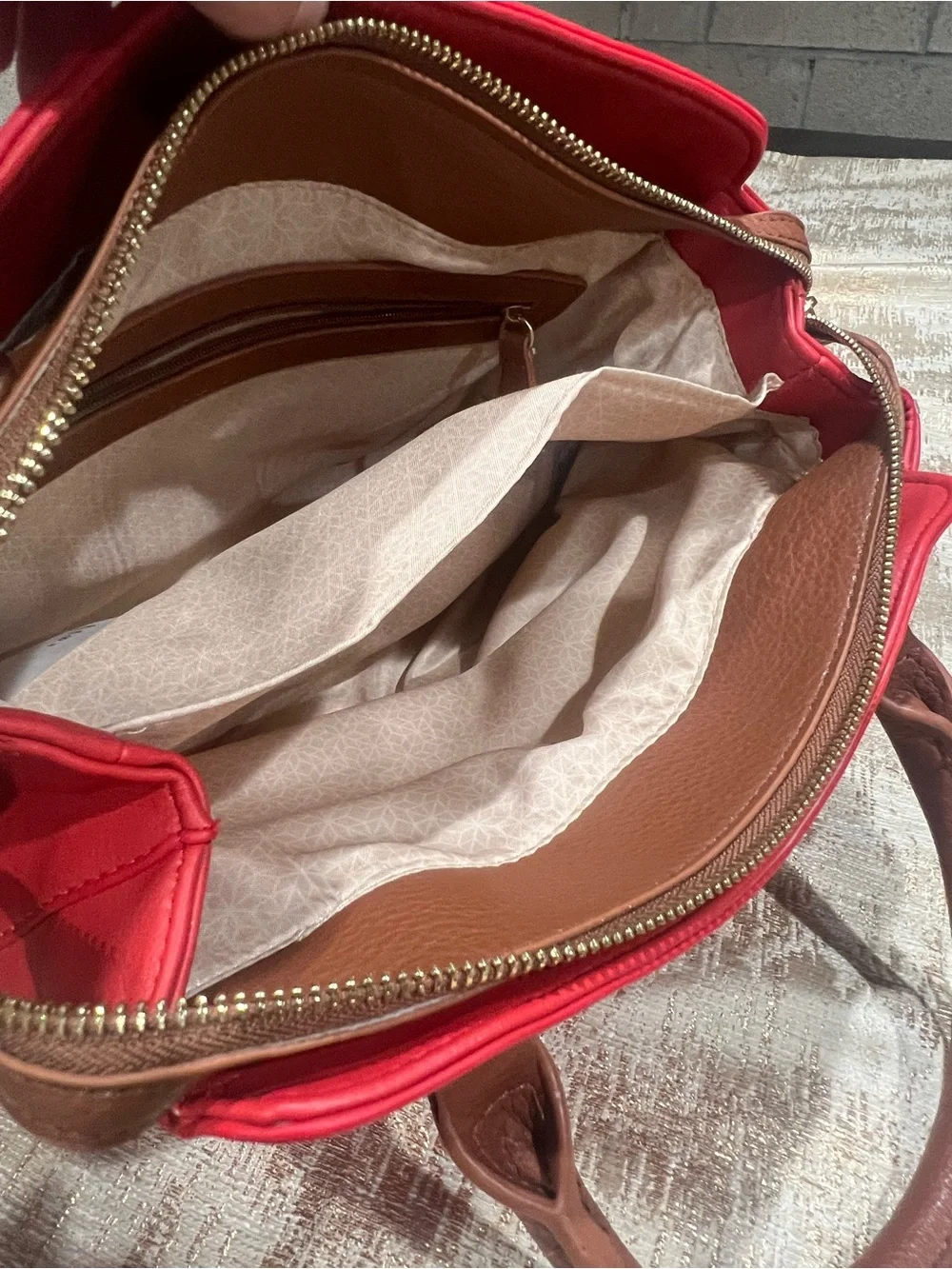 Red Women's Satchel Handbag with Brown Trim